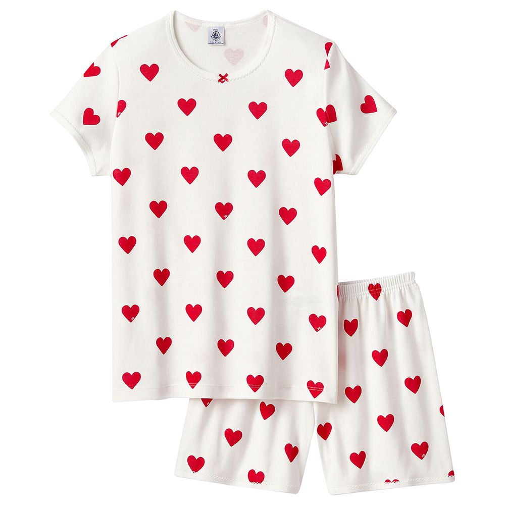 Petit Bateau - 2pc-Set - Girl's Heart Print Cotton Short Pyjama Set - White