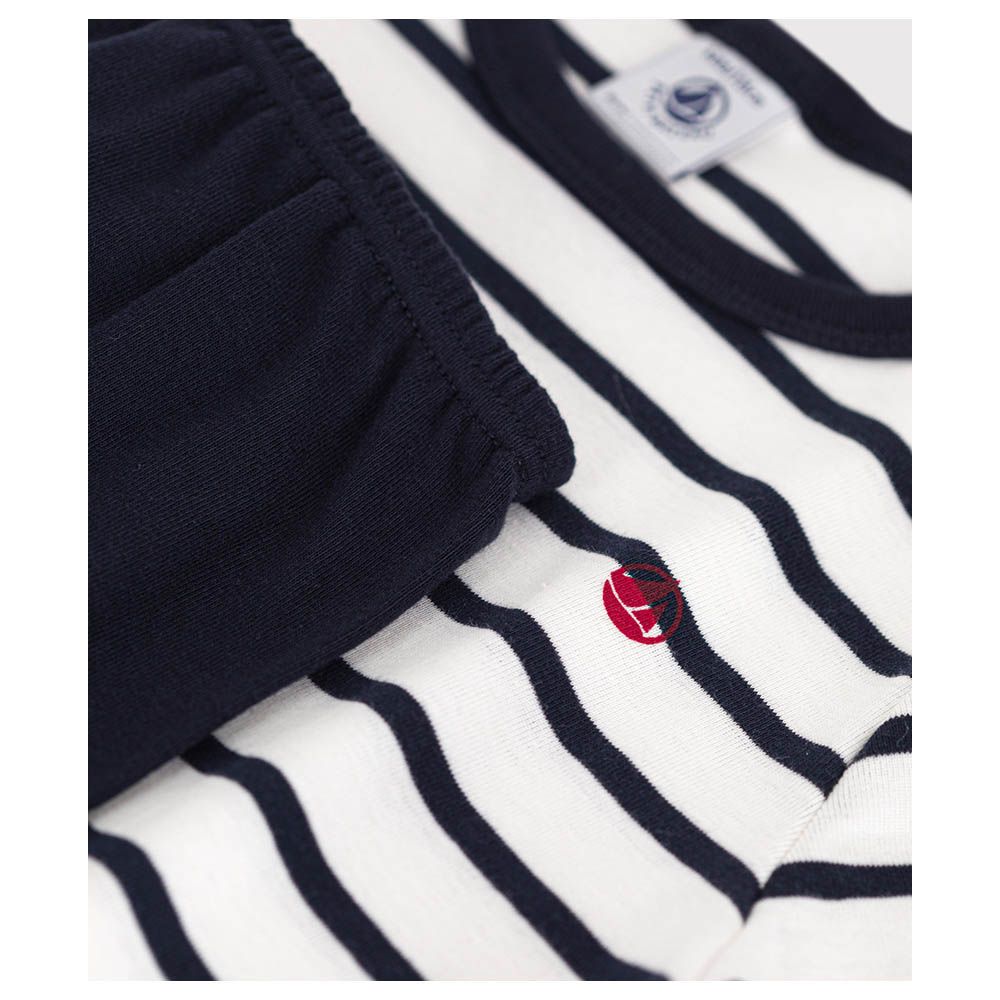 Petit Bateau - 2pc-Set - Boy's Short Pyjama And Stripes T-Shirt - White/Blue