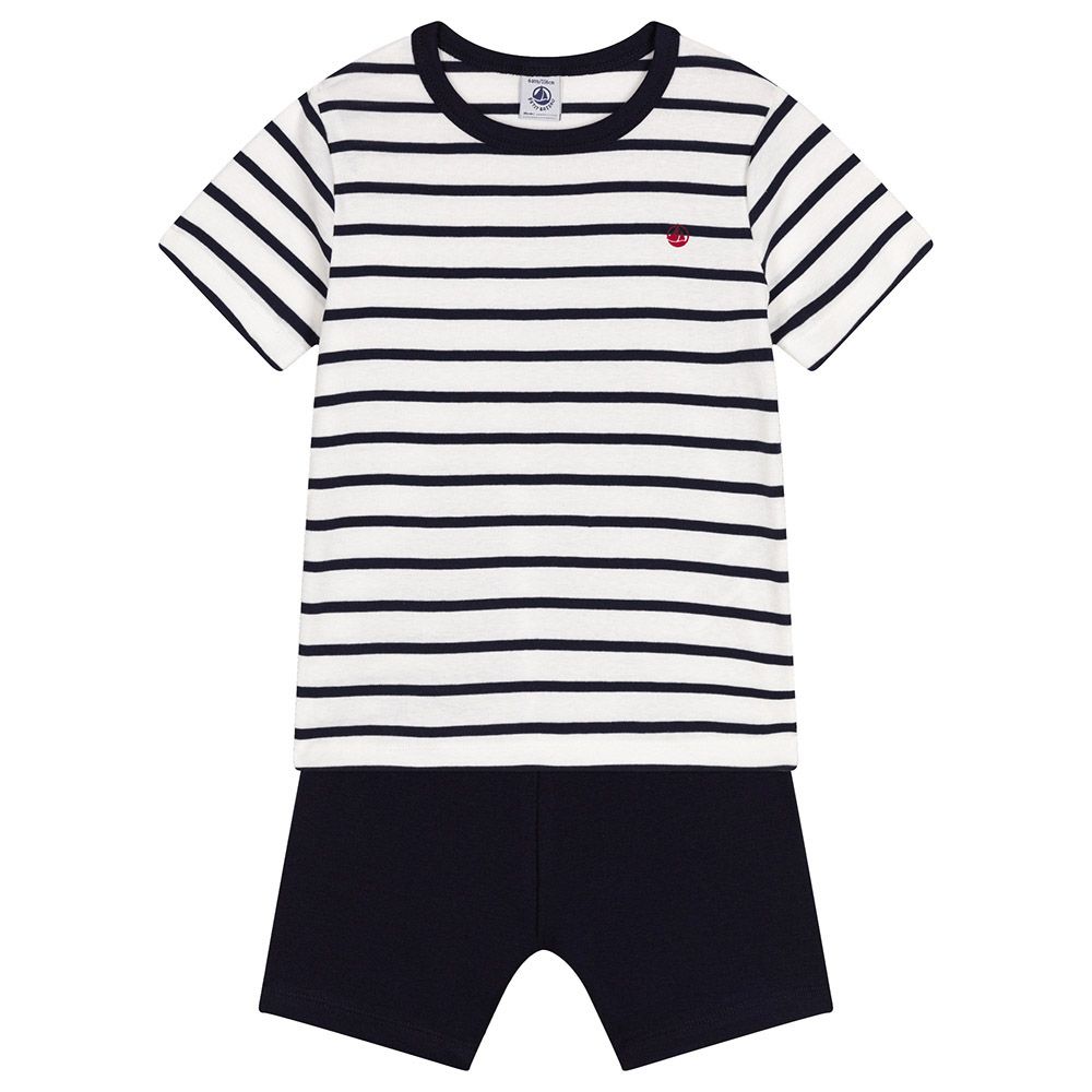 Petit Bateau - 2pc-Set - Boy's Short Pyjama And Stripes T-Shirt - White/Blue