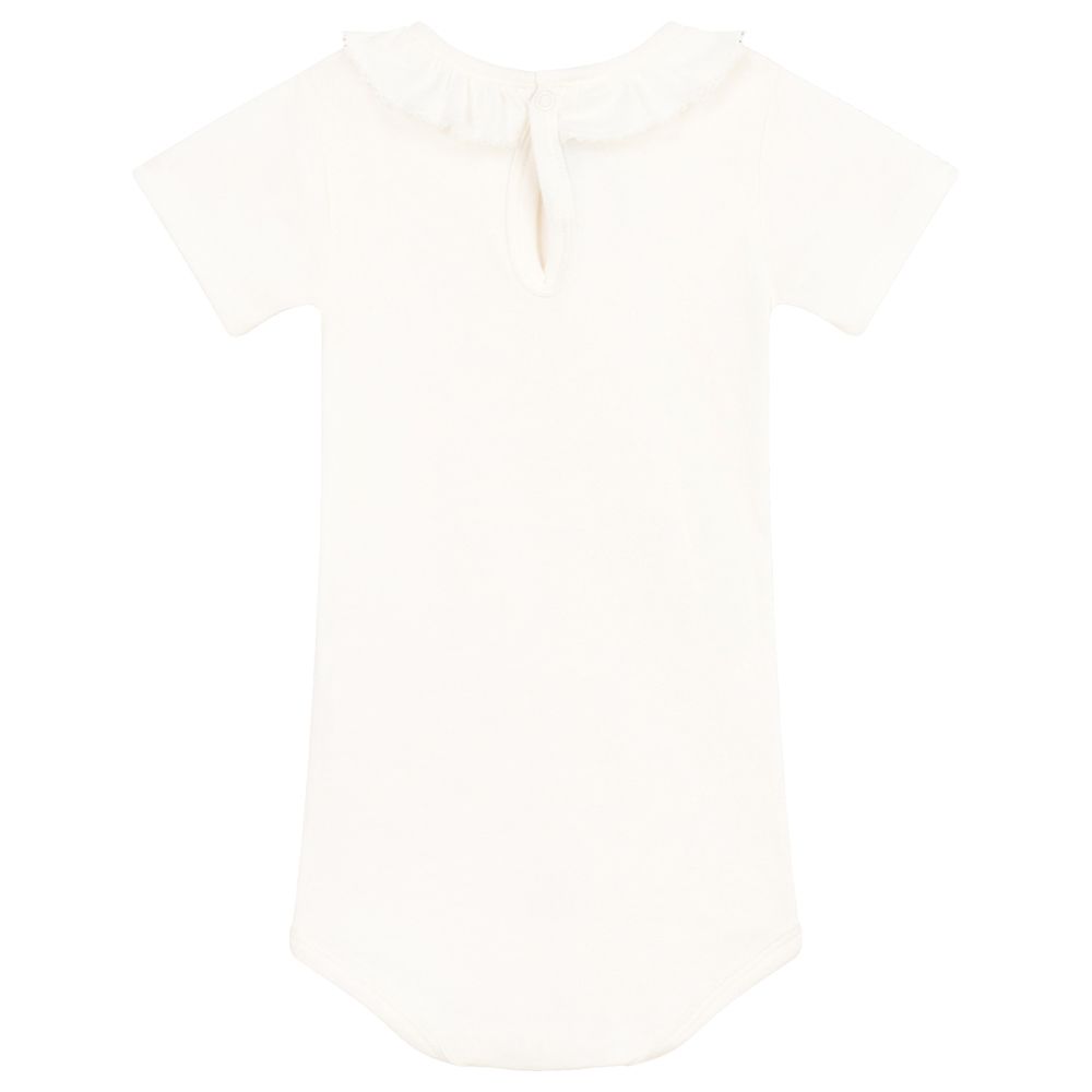 Petit Bateau - Baby's Short Sleeves Cotton Ruffle Neck Bodysuit - White