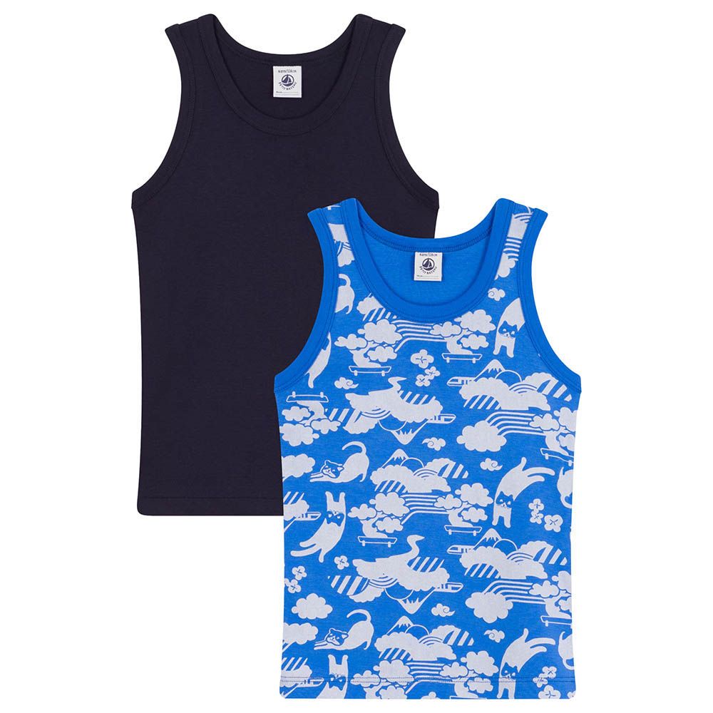 Petit Bateau - 2pc-Set - Boy's Cotton Vests - Blue/Black