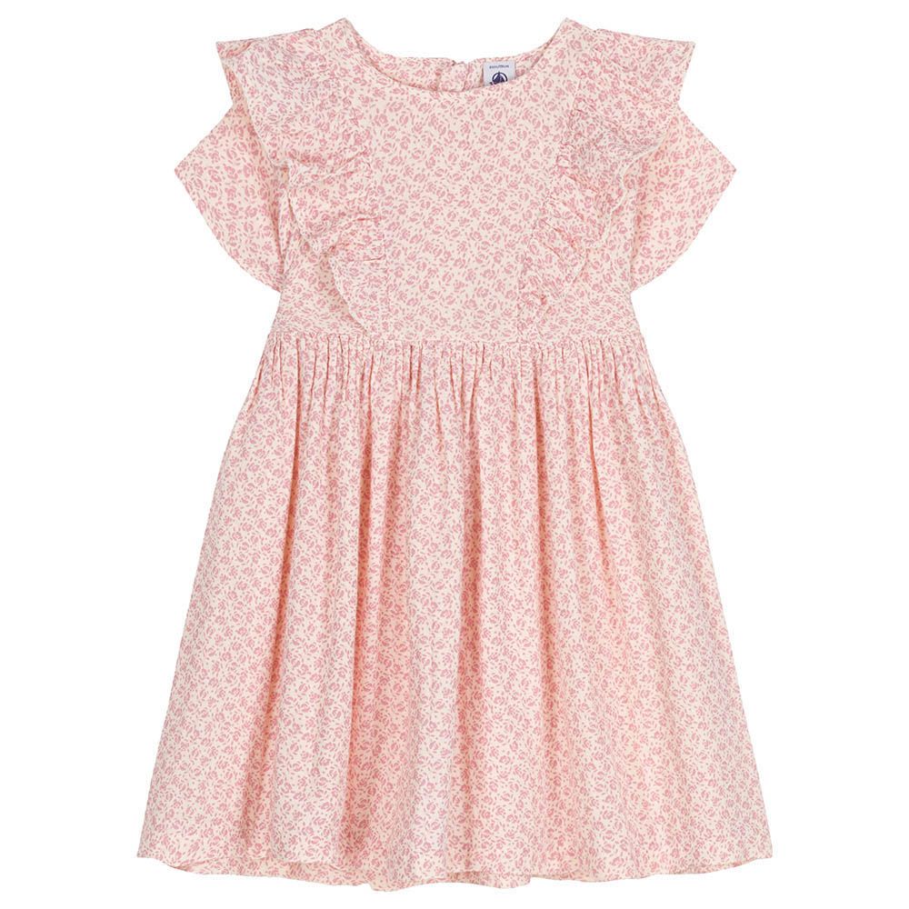 Petit Bateau - Girl's Short Sleeves Floral Cotton Gauze Dress - Pink