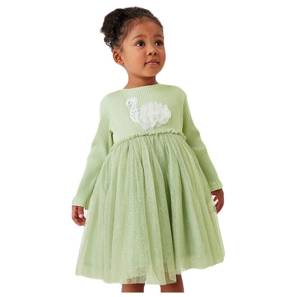 Sugar Rush - Embellished Round Neck Full Sleeves Dress - Green