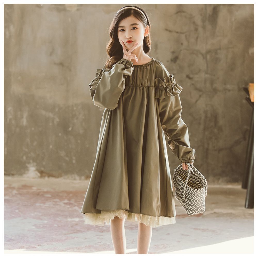 Sugar Rush - Solid Round Neck Full Sleeves Casual Dress - Green