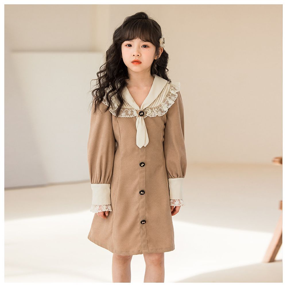 Sugar Rush - Laced V-Neck Full Sleeves Casual Dress - Khaki