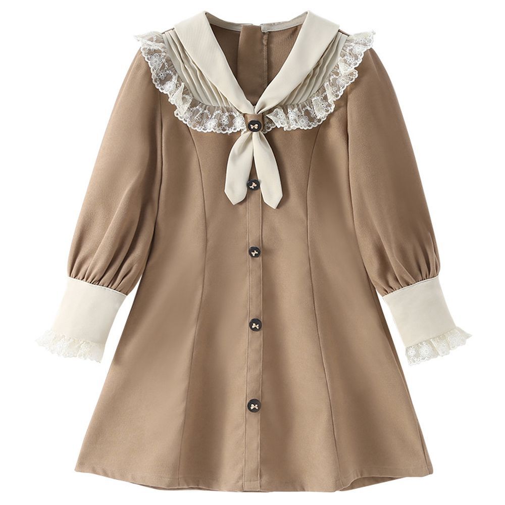 Sugar Rush - Laced V-Neck Full Sleeves Casual Dress - Khaki