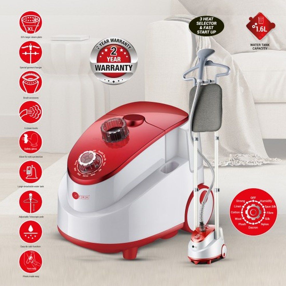 Afra - Garment Steamer With Iron Board - White/Red - 1.6 L