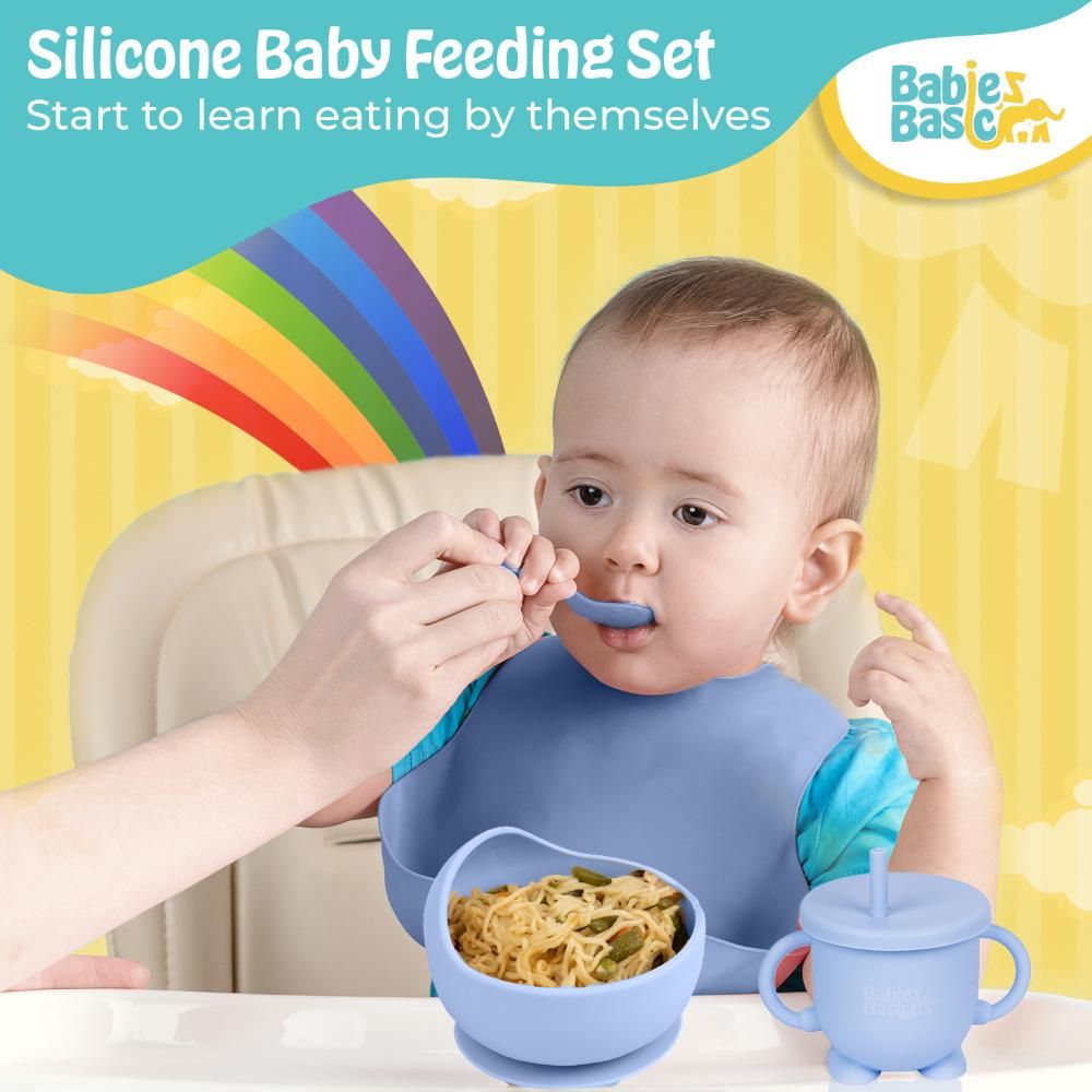 Babies Basic - Silicone Plate, Bowl, Cup,Spoon & Fork Set - 6pcs - Blue