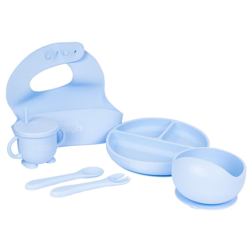 Babies Basic - Silicone Plate, Bowl, Cup,Spoon & Fork Set - 6pcs - Blue