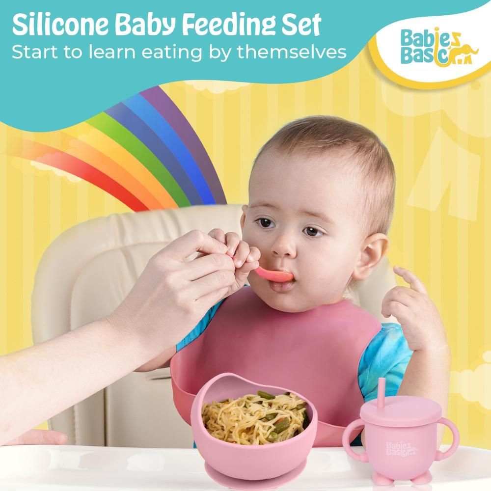 Babies Basic - Silicone Plate, Bowl, Cup,Spoon & Fork Set - 6pcs - Pink