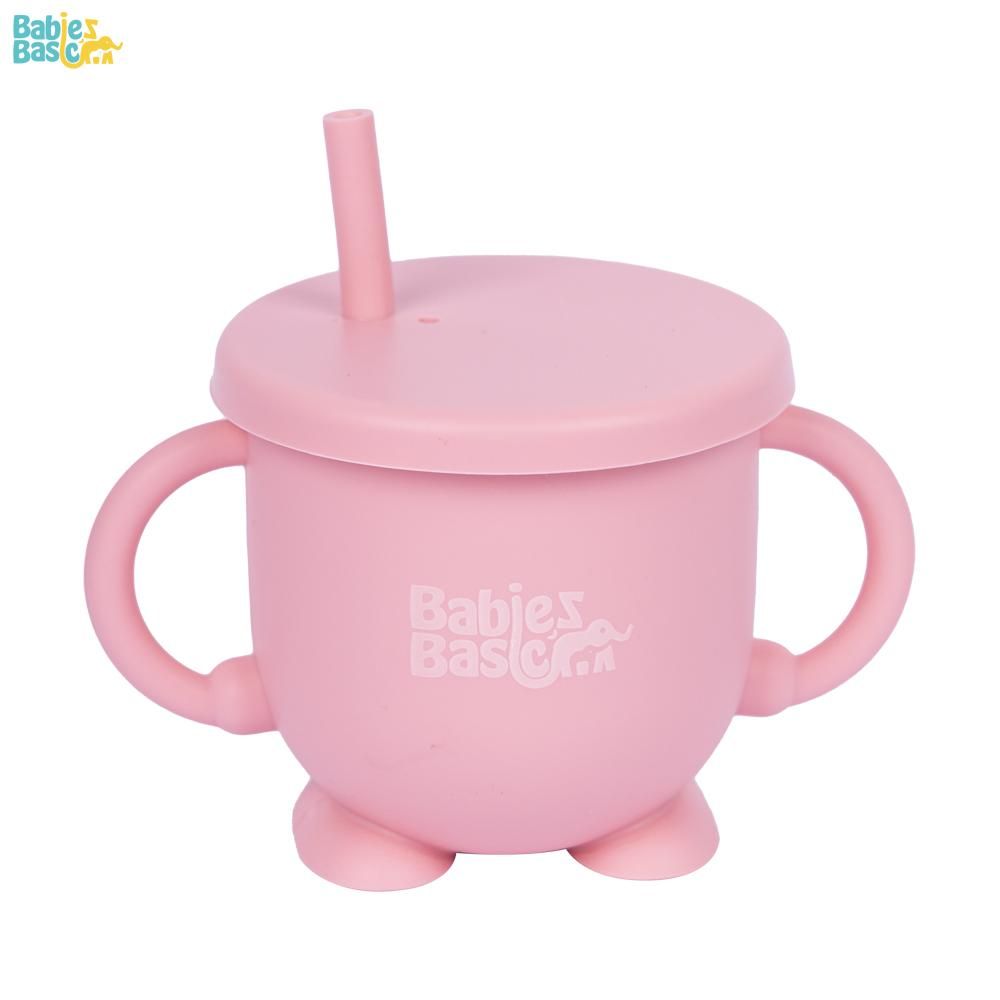 Babies Basic - Silicone Plate, Bowl, Cup,Spoon & Fork Set - 6pcs - Pink