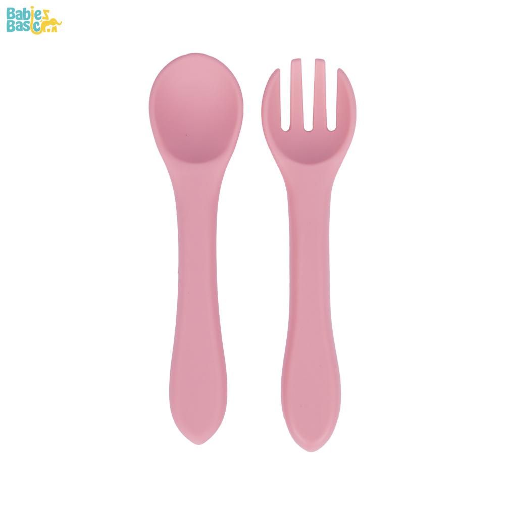 Babies Basic - Silicone Plate, Bowl, Cup,Spoon & Fork Set - 6pcs - Pink