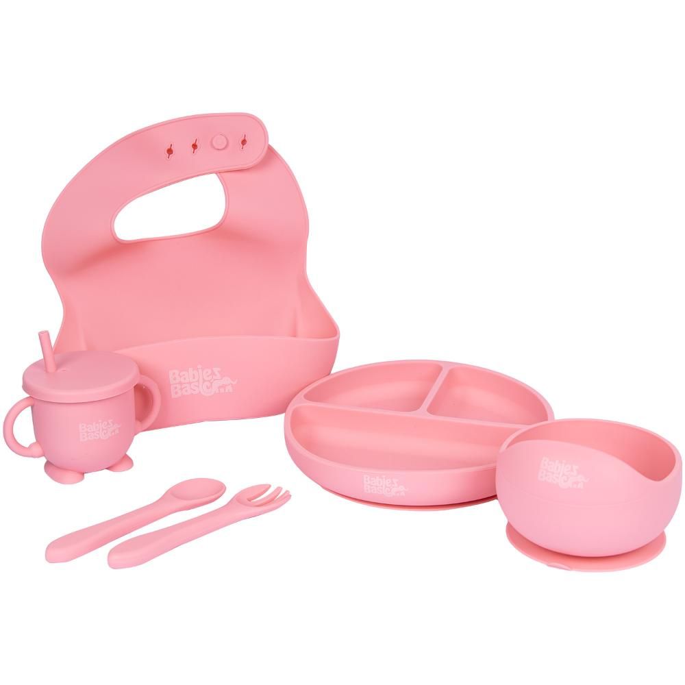 Babies Basic - Silicone Plate, Bowl, Cup,Spoon & Fork Set - 6pcs - Pink