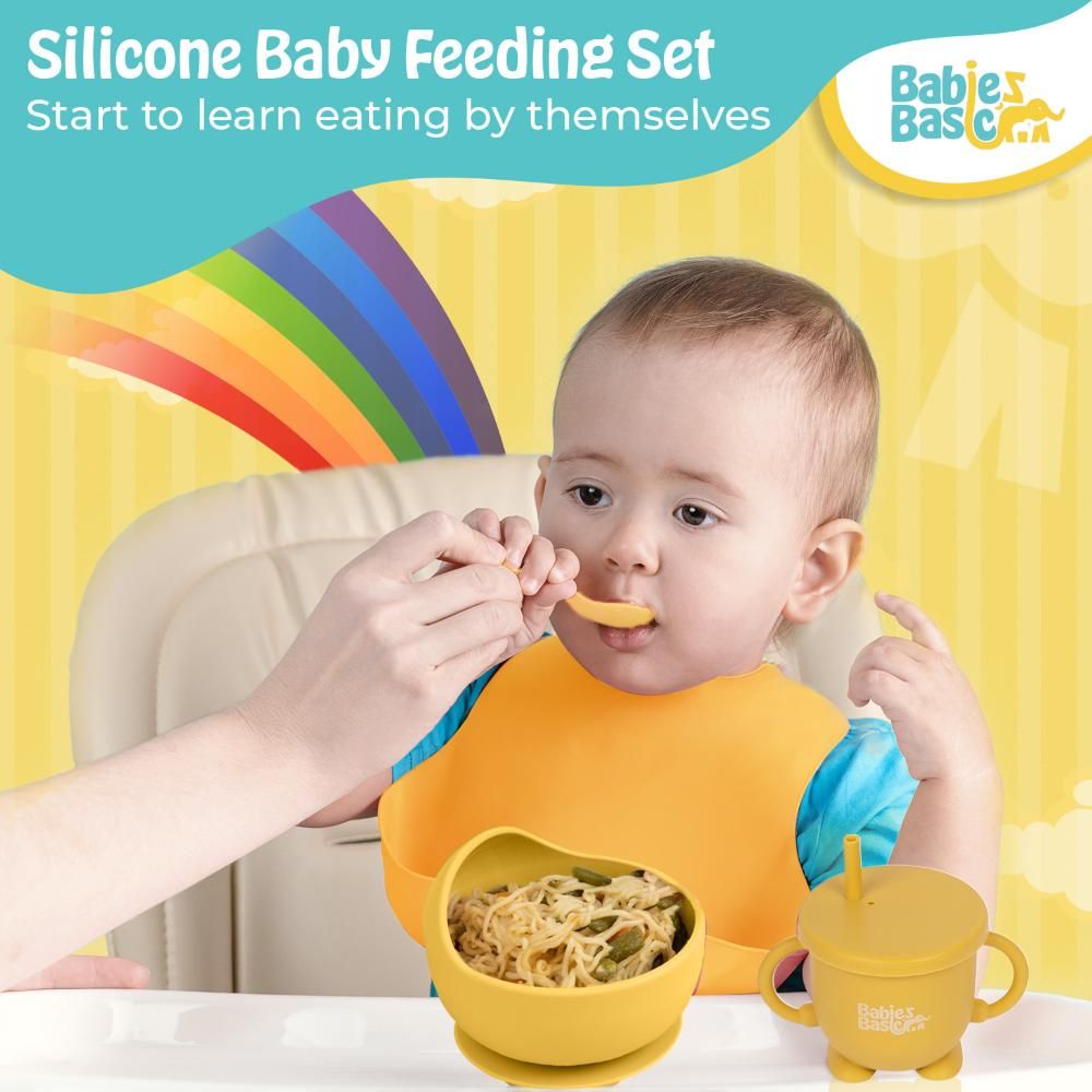 Babies Basic - Silicone Plate, Bowl, Cup,Spoon & Fork Set - 6pcs - Yellow