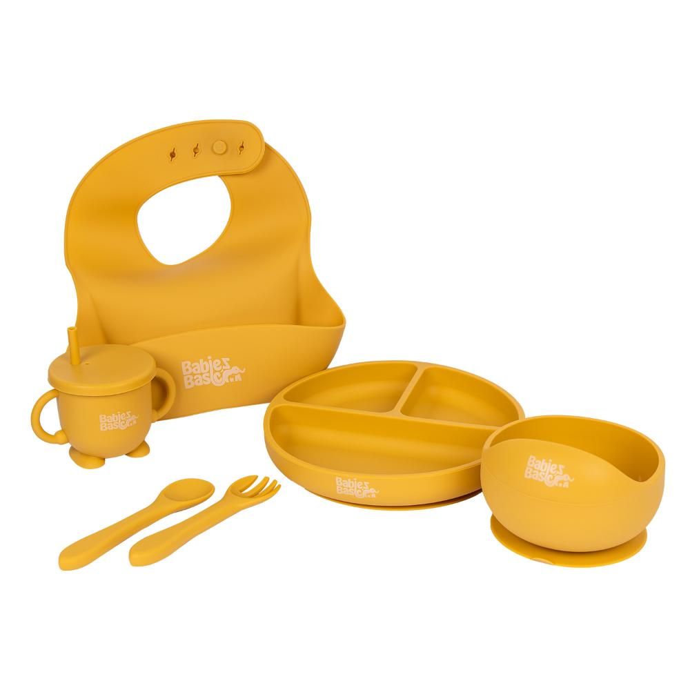 Babies Basic - Silicone Plate, Bowl, Cup,Spoon & Fork Set - 6pcs - Yellow