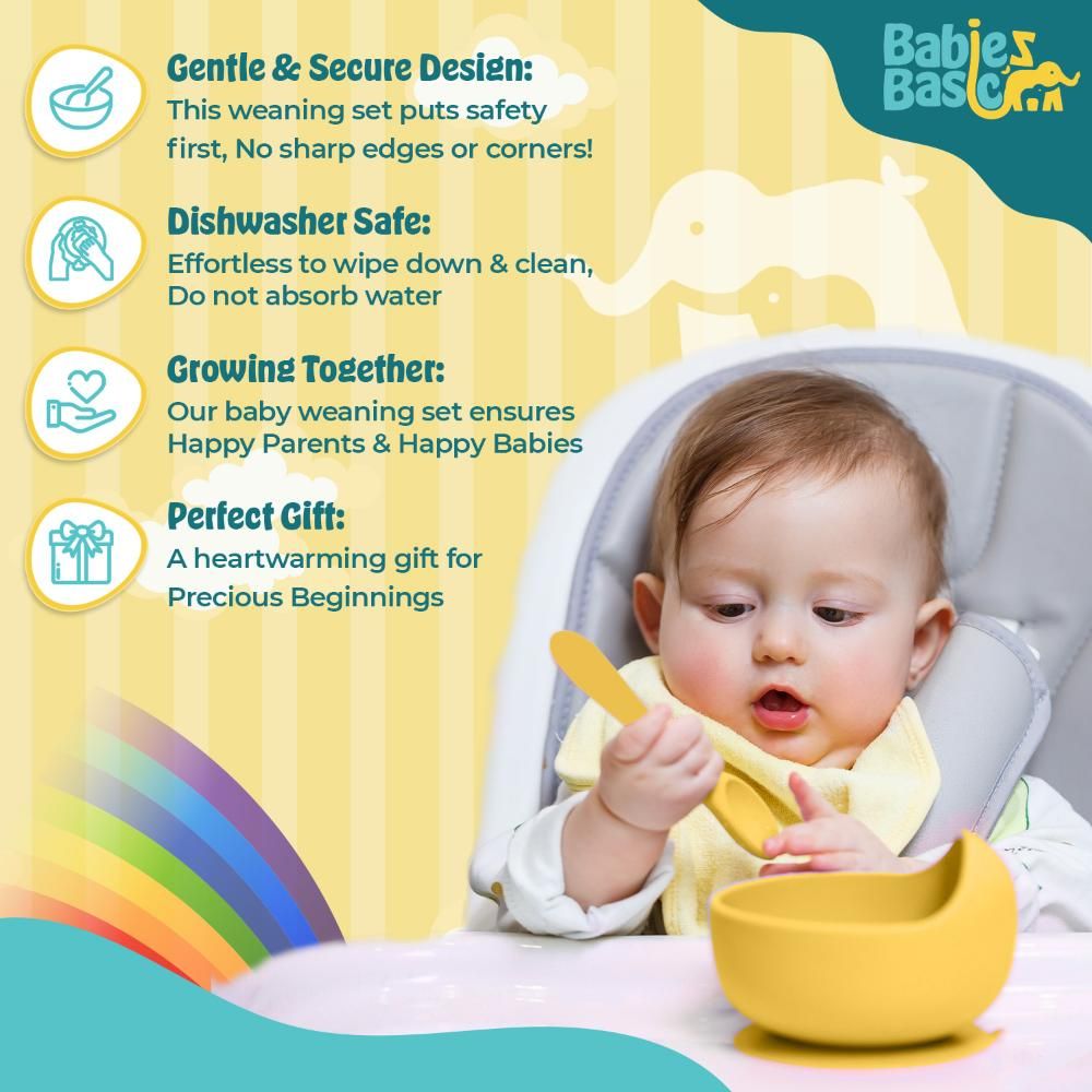 Babies Basic - Silicone Plate, Bowl, Cup,Spoon & Fork Set - 6pcs - Yellow