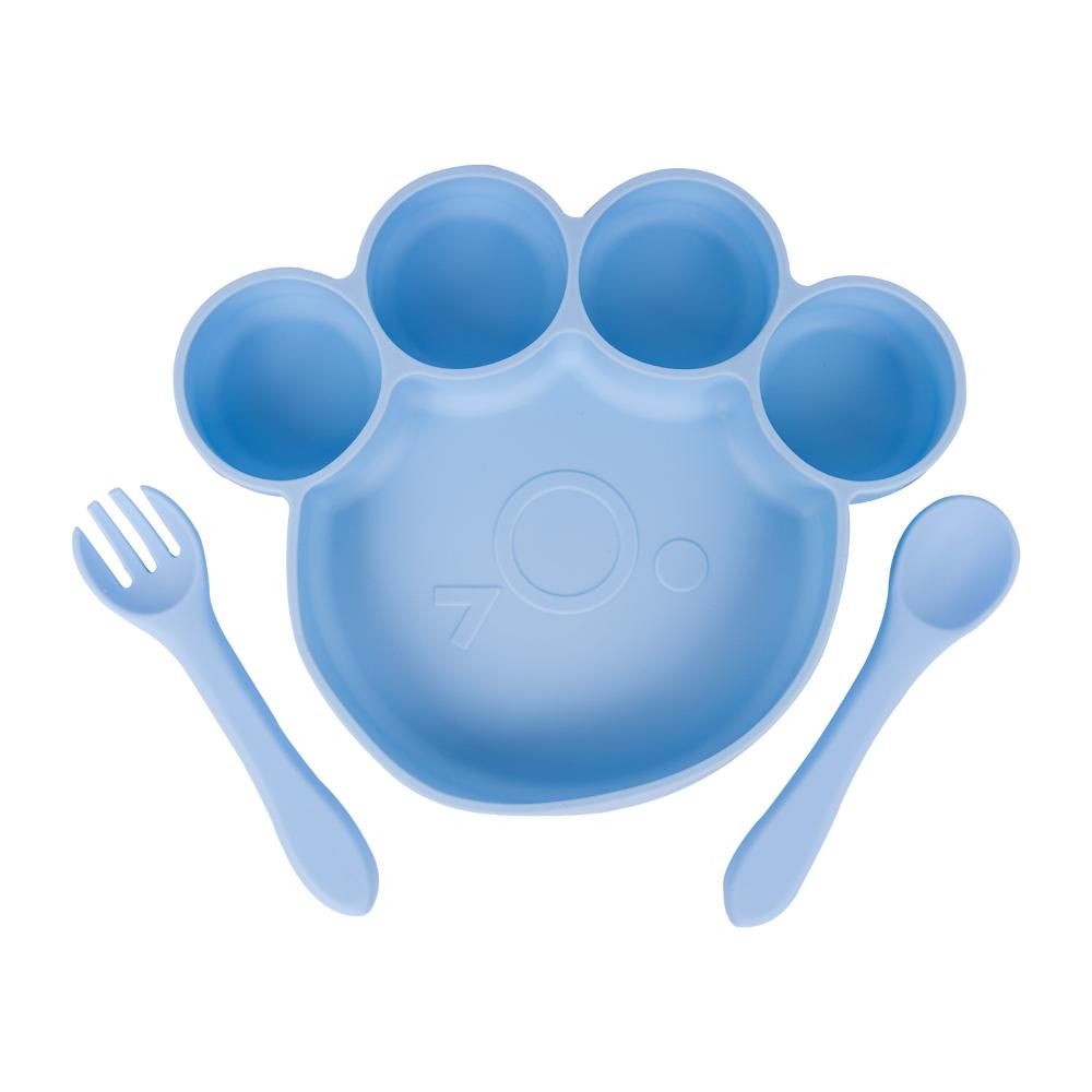 Babies Basic - Bear Shape Silicone Plate, Spoon & Fork Set - 3pcs - Light Blue