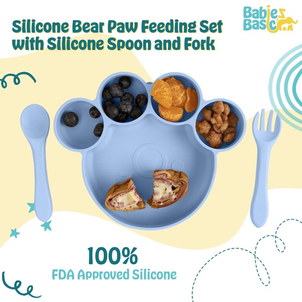 Babies Basic - Bear Shape Silicone Plate, Spoon & Fork Set - 3pcs - Light Blue