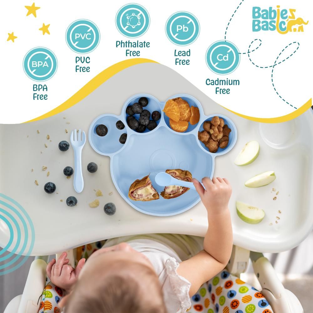 Babies Basic - Bear Shape Silicone Plate, Spoon & Fork Set - 3pcs - Light Blue