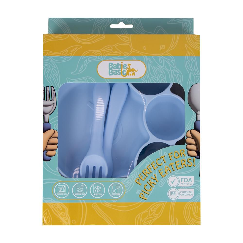 Babies Basic - Bear Shape Silicone Plate, Spoon & Fork Set - 3pcs - Light Blue