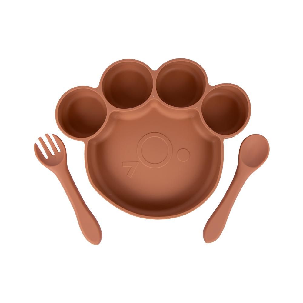 Babies Basic - Bear Shape Silicone Plate, Spoon & Fork Set - 3pcs - Brown