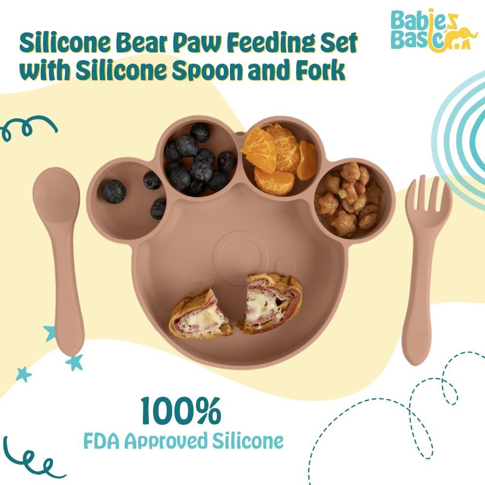 Babies Basic - Bear Shape Silicone Plate, Spoon & Fork Set - 3pcs - Brown