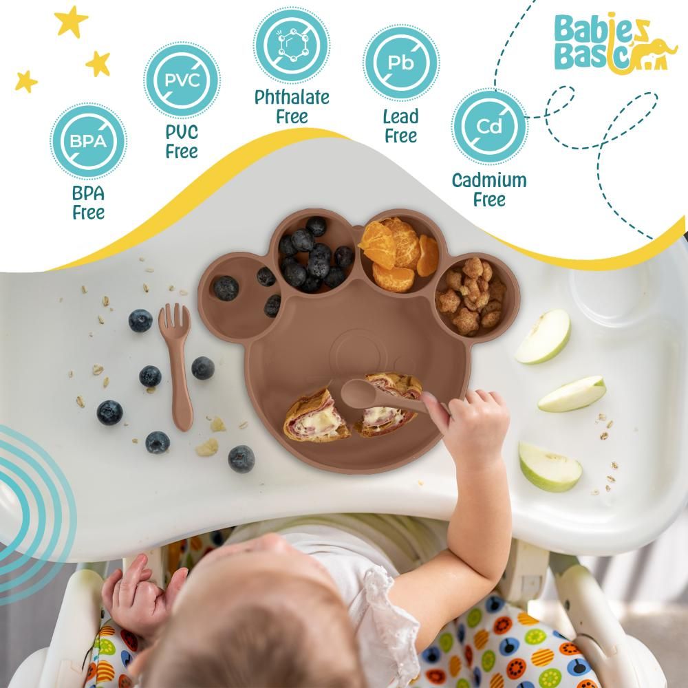 Babies Basic - Bear Shape Silicone Plate, Spoon & Fork Set - 3pcs - Brown