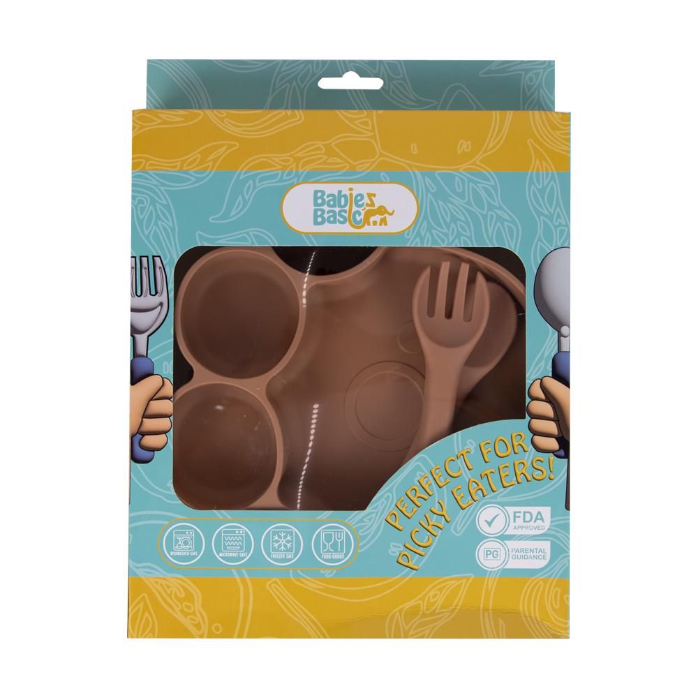 Babies Basic - Bear Shape Silicone Plate, Spoon & Fork Set - 3pcs - Brown