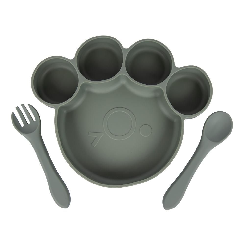 Babies Basic - Bear Shape Silicone Plate, Spoon & Fork Set - 3pcs - Green