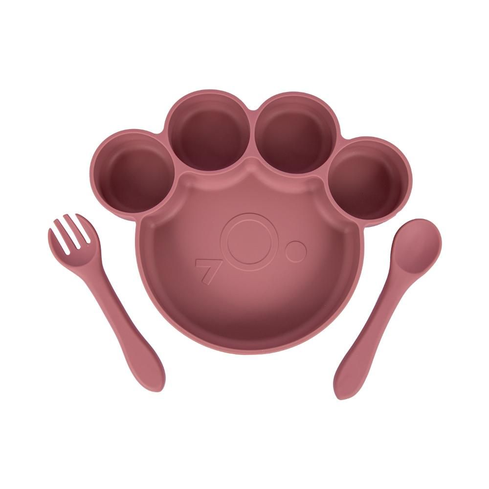 Babies Basic - Bear Shape Silicone Plate, Spoon & Fork Set - 3pcs - Pink