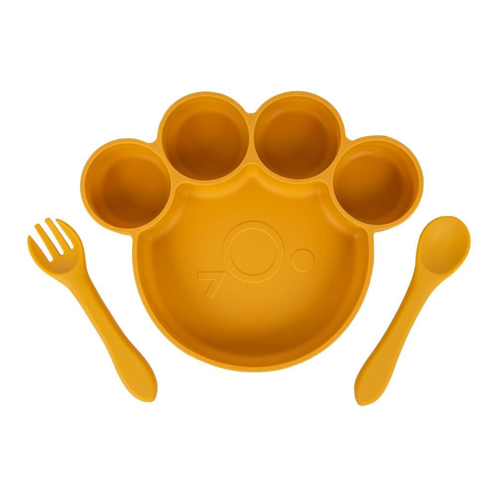 Babies Basic - Bear Shape Silicone Plate, Spoon & Fork Set - 3pcs - Yellow