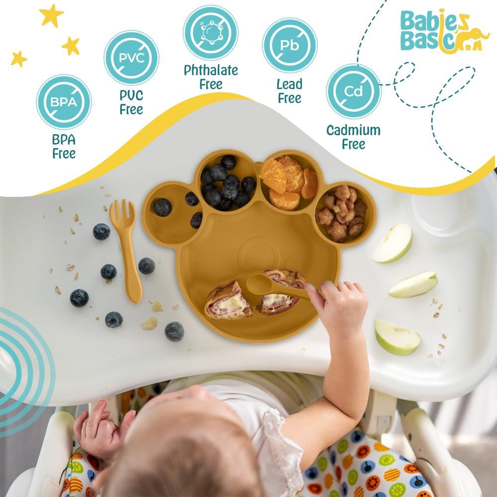 Babies Basic - Bear Shape Silicone Plate, Spoon & Fork Set - 3pcs - Yellow