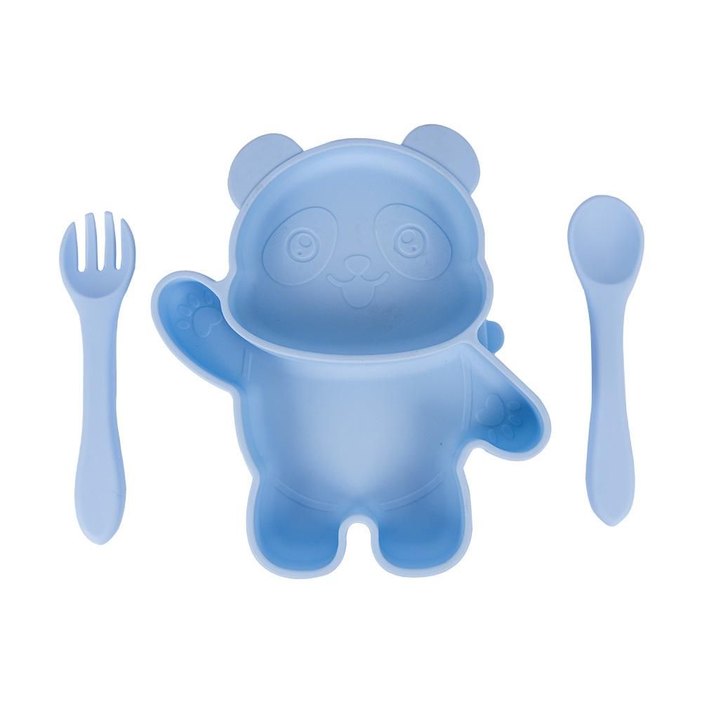 Babies Basic - Panda Shape Silicone Suction Plate With Spoon And Fork - 3pcs - Blue