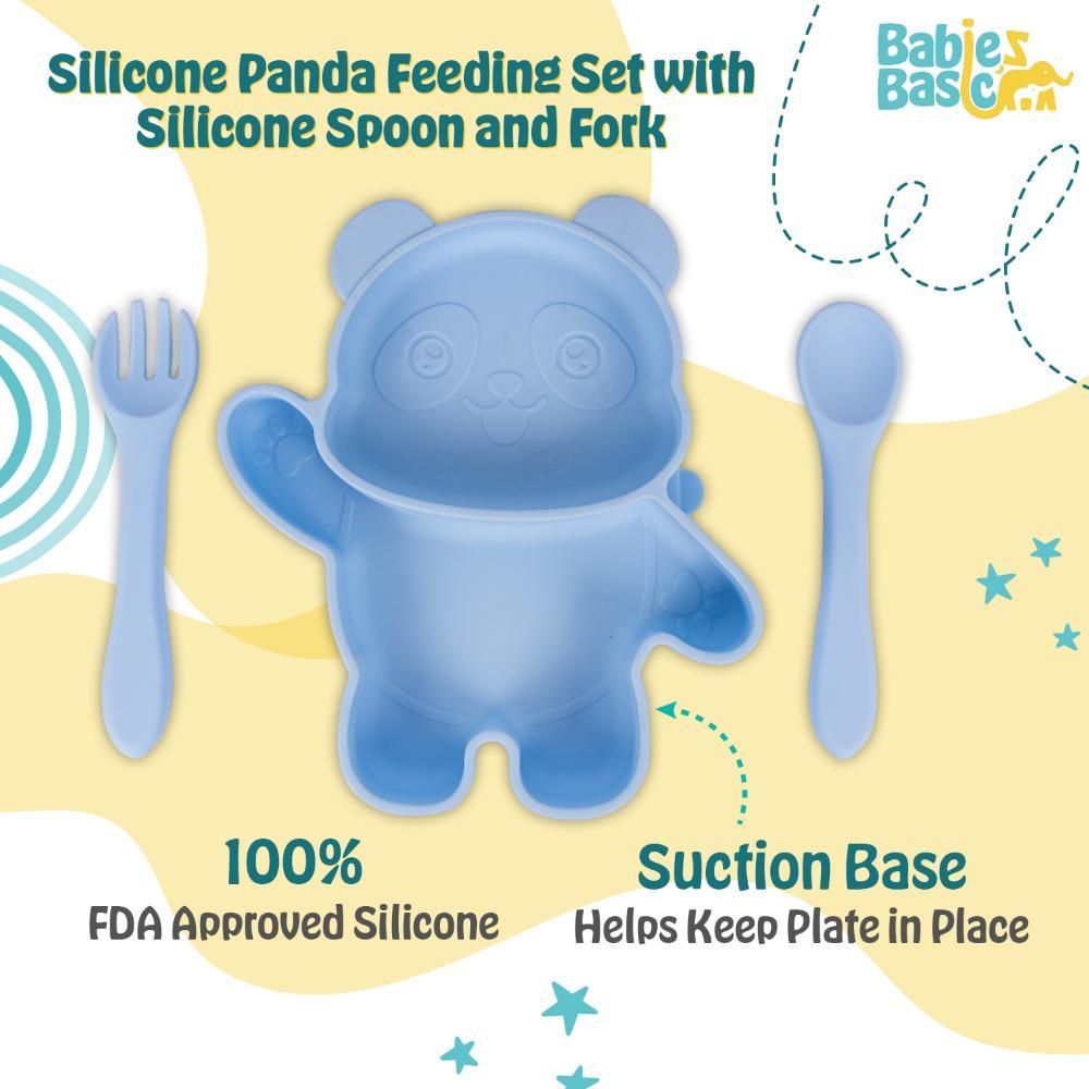 Babies Basic - Panda Shape Silicone Suction Plate With Spoon And Fork - 3pcs - Blue