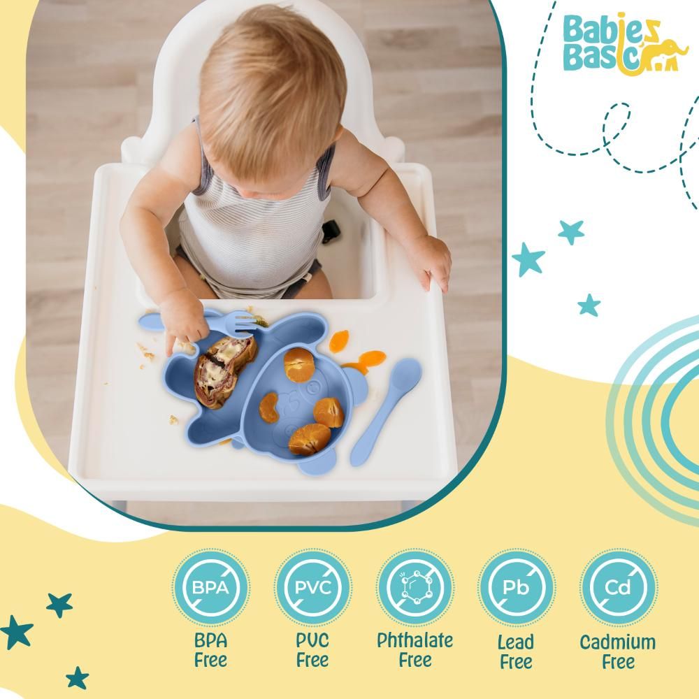 Babies Basic - Panda Shape Silicone Suction Plate With Spoon And Fork - 3pcs - Blue