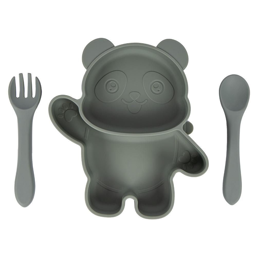 Babies Basic - Panda Shape Silicone Suction Plate With Spoon And Fork - 3pcs - Green