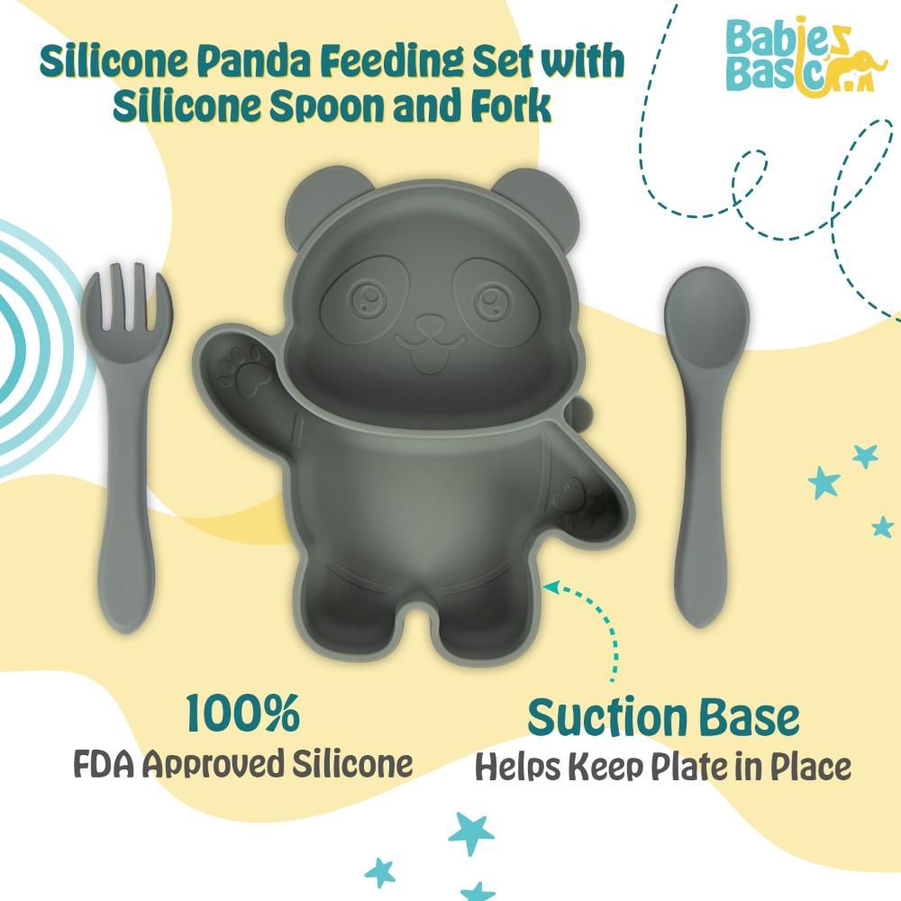 Babies Basic - Panda Shape Silicone Suction Plate With Spoon And Fork - 3pcs - Green