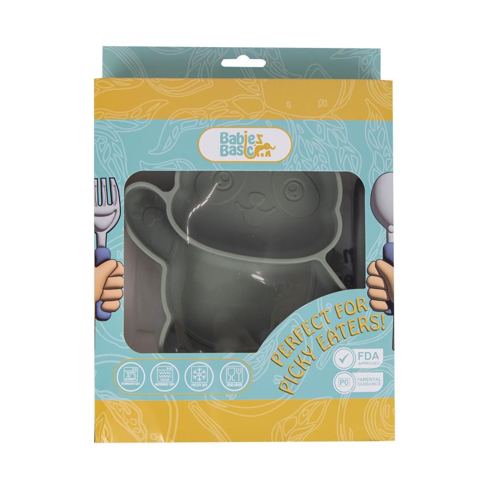 Babies Basic - Panda Shape Silicone Suction Plate With Spoon And Fork - 3pcs - Green