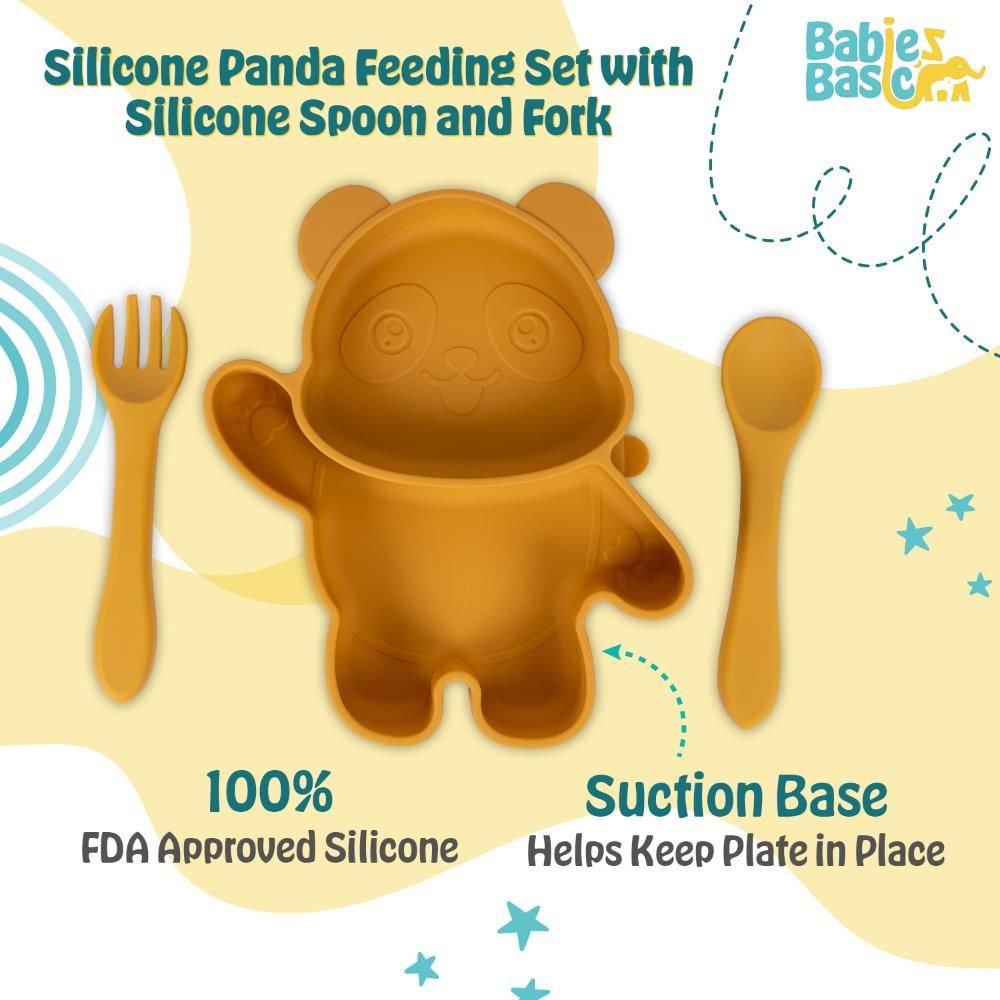 Babies Basic - Panda Shape Silicone Suction Plate With Spoon And Fork - 3pcs - Yellow