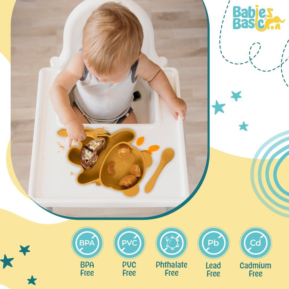 Babies Basic - Panda Shape Silicone Suction Plate With Spoon And Fork - 3pcs - Yellow