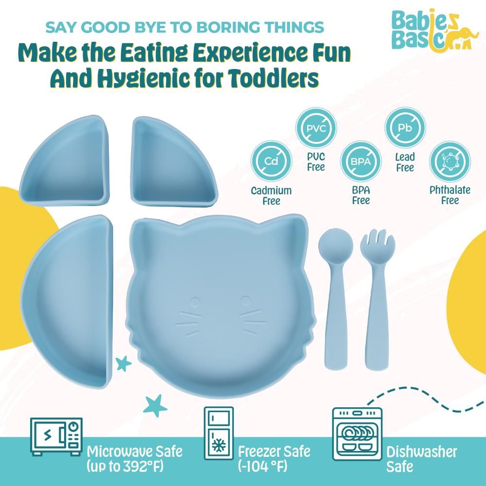 Babies Basic - Silicone Feeding Set With Removable Sections - 3pcs - Blue