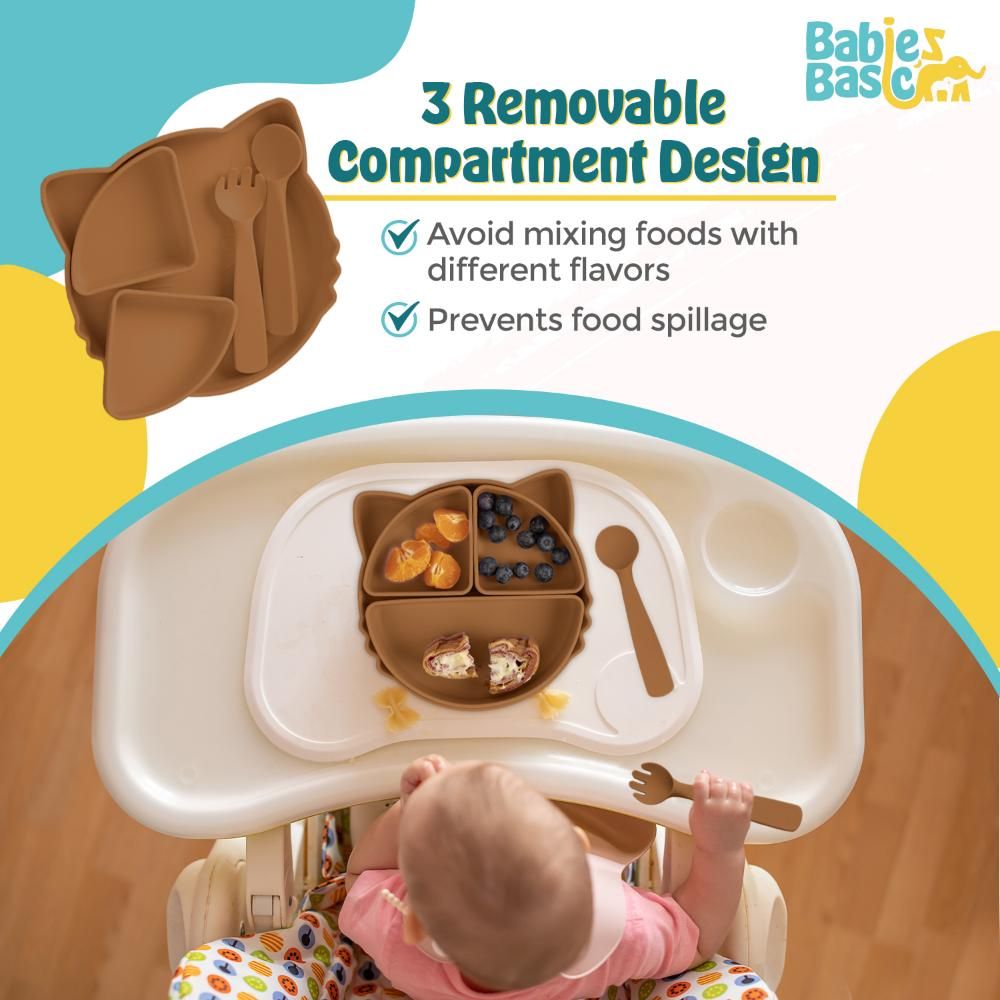 Babies Basic - Silicone Feeding Set With Removable Sections - 3pcs - Brown