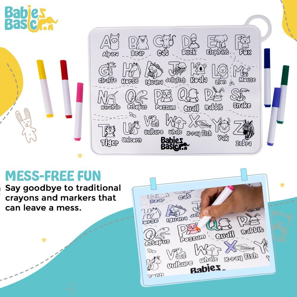 Babies Basic - SiliconeColouring Mat w/ Pens & Travel Case - English Alphabet Design