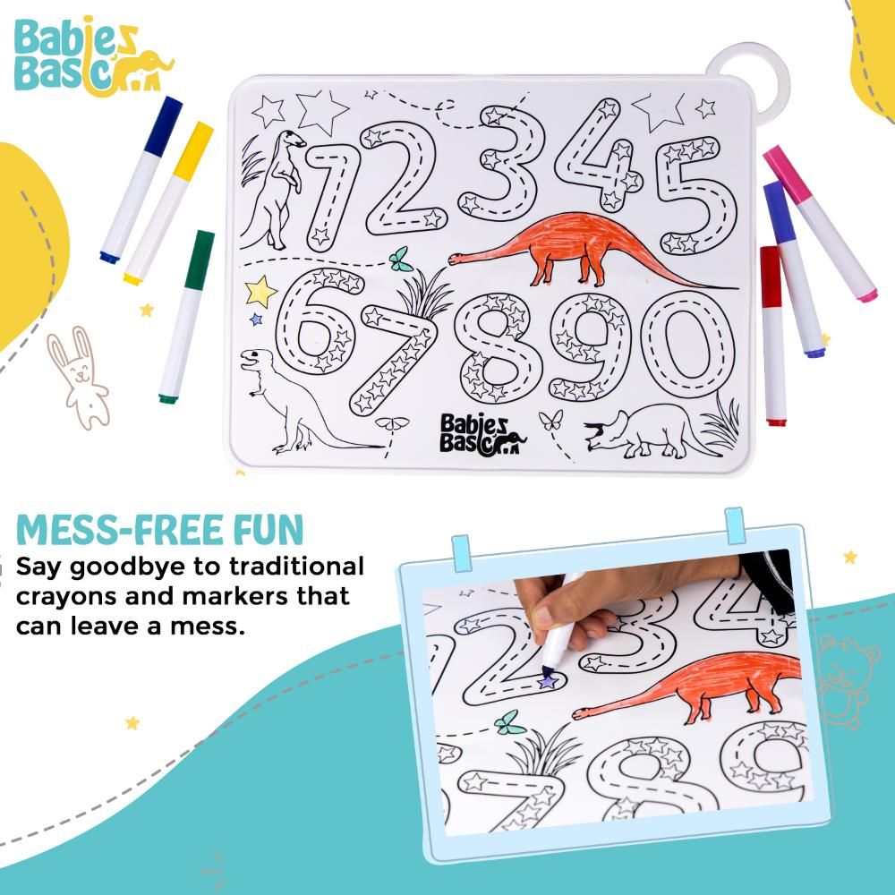 Babies Basic - Silicone Colouring Mat w/ Pens & Travel Case - Number Design