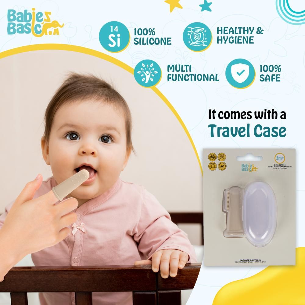 Babies Basic - Silicone Finger Tooth brush and Gum Massager with Storage Case - Cream