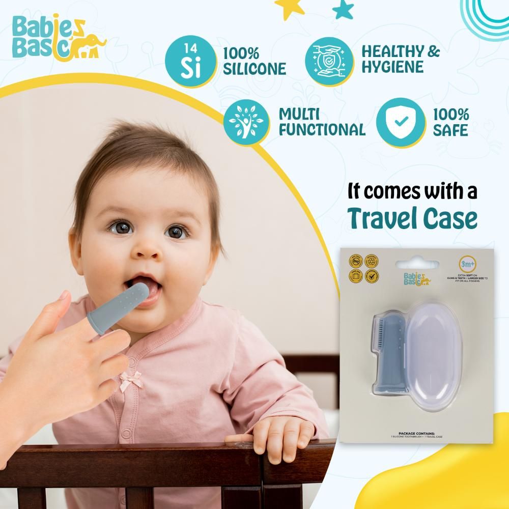 Babies Basic - Silicone Finger Tooth brush and Gum Massager with Storage Case - Blue