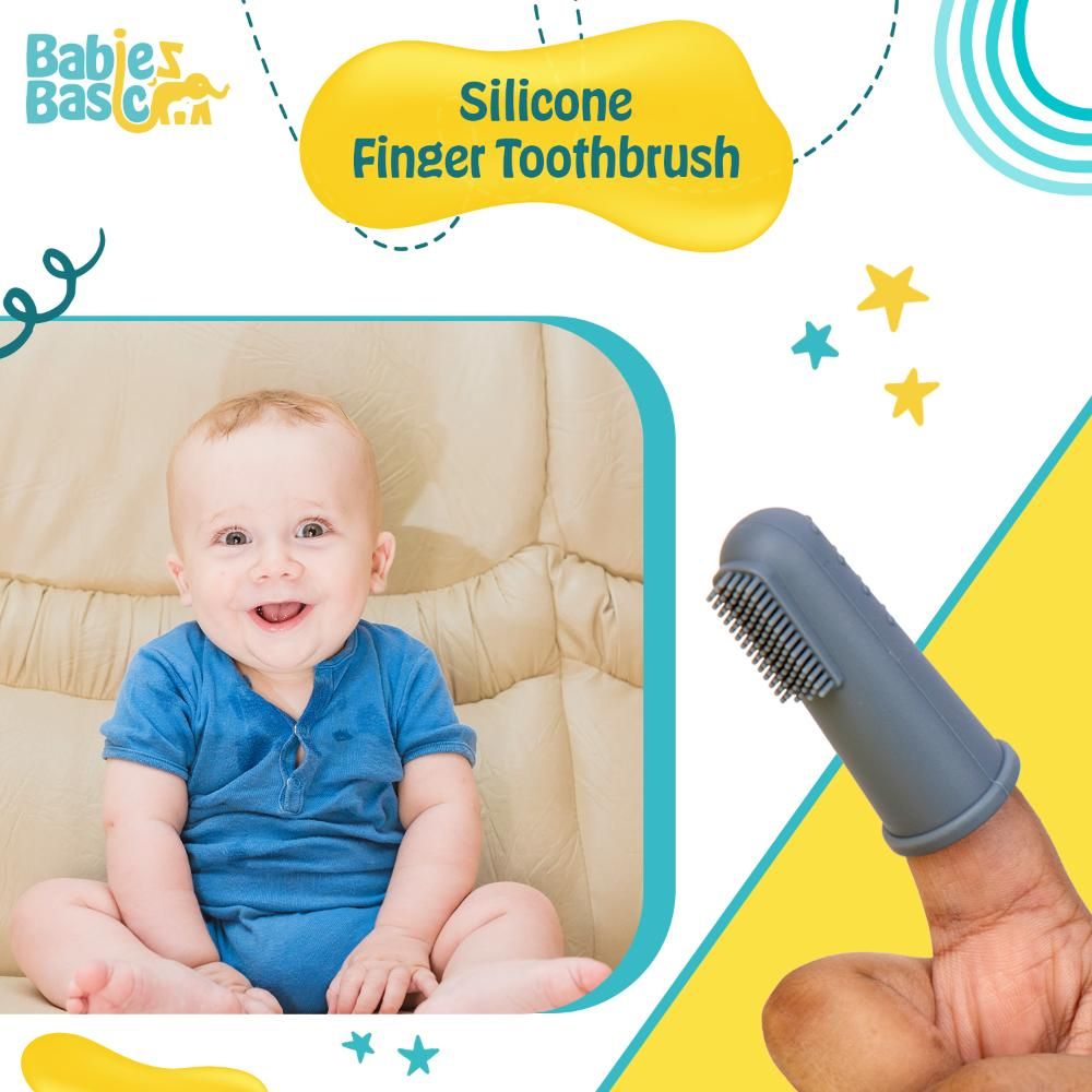 Babies Basic - Silicone Finger Tooth brush and Gum Massager with Storage Case - Grey