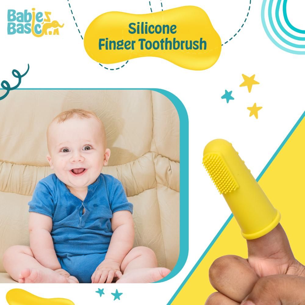 Babies Basic - Silicone Finger Tooth brush and Gum Massager with Storage Case - Yellow