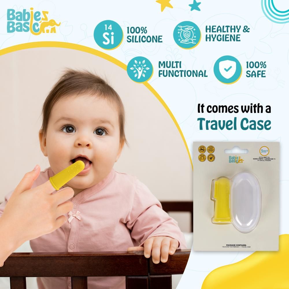 Babies Basic - Silicone Finger Tooth brush and Gum Massager with Storage Case - Yellow