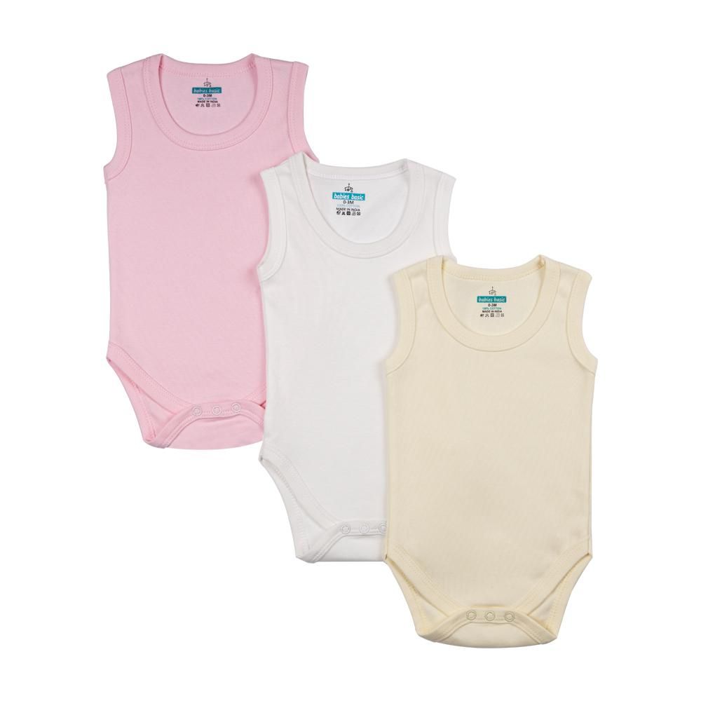 Babies Basic - 3pc-Set - Cotton Sleeveless Bodysuit - Pink/Lemon